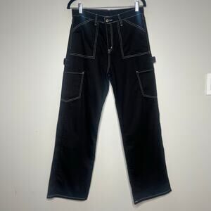 Y2K Black Cargo Pants Contrast Stitch Streetwear Women's 28 Gothic Skater Rave